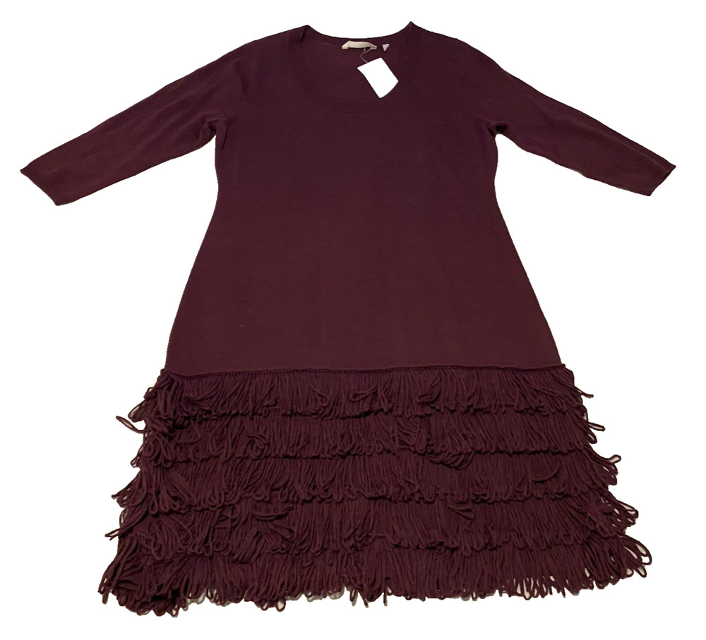 NWT Soft Surroundings Theodora Burgundy Wool Sweater Dress Sz Large Boho Fringe